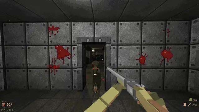 A blood-stained steel door in a bunker