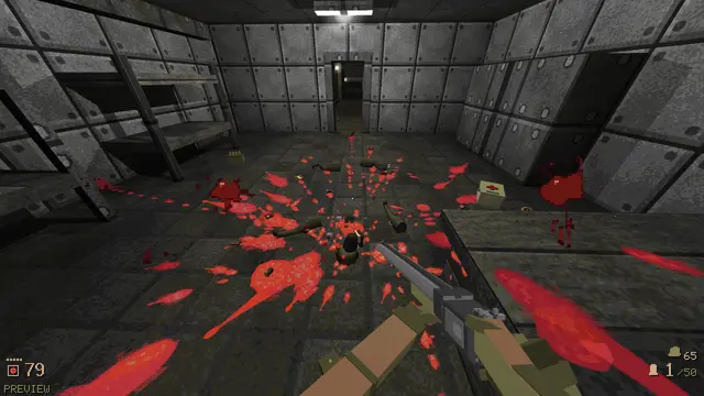 A civil defence shelter covered in blood after a fight