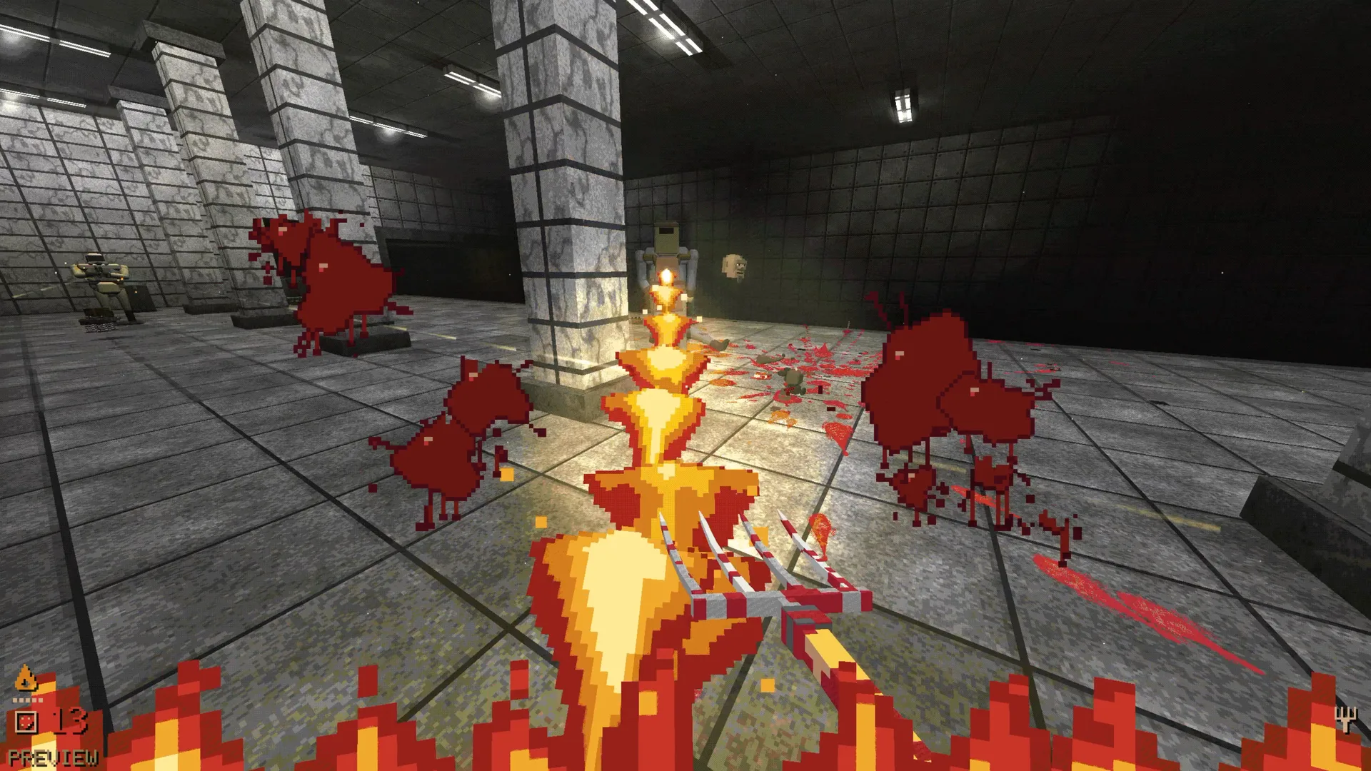 A burning pitchfork in a metro station full of soldiers in gas masks
