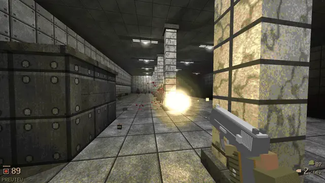 A muzzle flash lighting up a tiled metro corridor