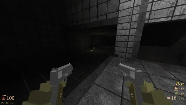 Holding a pistol in a pitch-black corridor