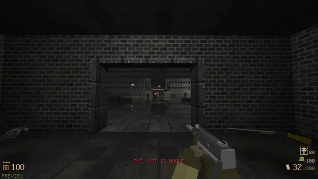 A dark brick cellar with a door half hidden in the wall