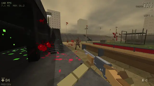A pistol in a panel-block courtyard, blood on the ground
