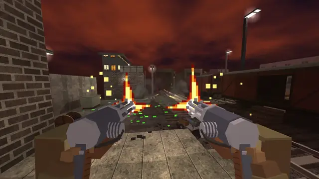 An explosion on the tracks, a gun in each hand