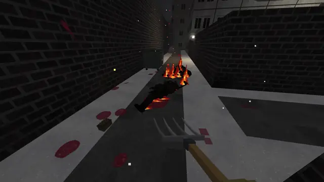 A muzzle flash in a brick passage at night