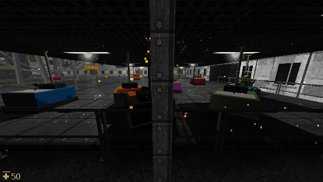 Bumper cars in a dark fairground hall