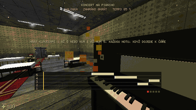 Playing the piano in a canteen while notes scroll past